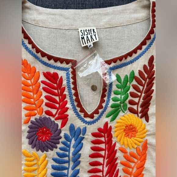 Sister Mary Gloria Tunic Top Rainbow Floral Embroidery Linen Size Medium - Picture 7 of 14